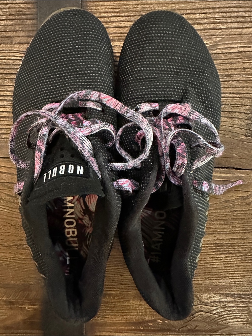 NOBULL Women's Black Knit Trainers with Pink Patterned Laces